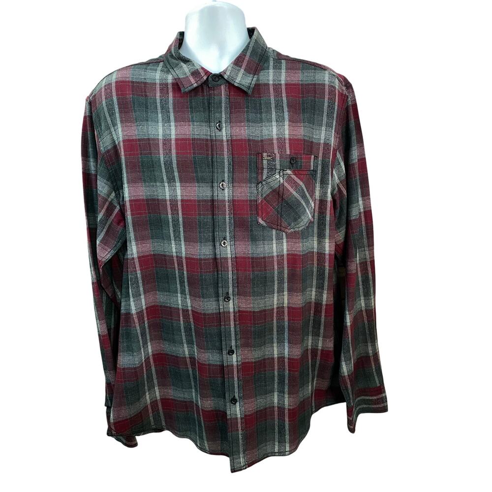SPLIT CO Plaid Shirt Size L Red Gray Black Button-Up Long Sleeve Casual